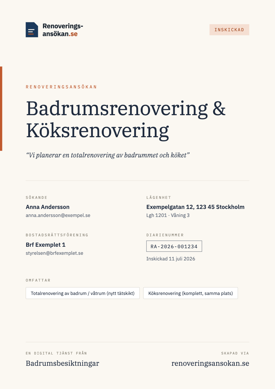 Framsidan av en färdig renoveringsansökan, Badrumsrenovering & Köksrenovering, med diarienummer och stämpeln Inskickad